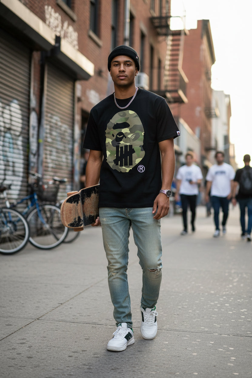 Bape x Undefeated Camo Ape Head Short Sleeve Tee Shirt Black